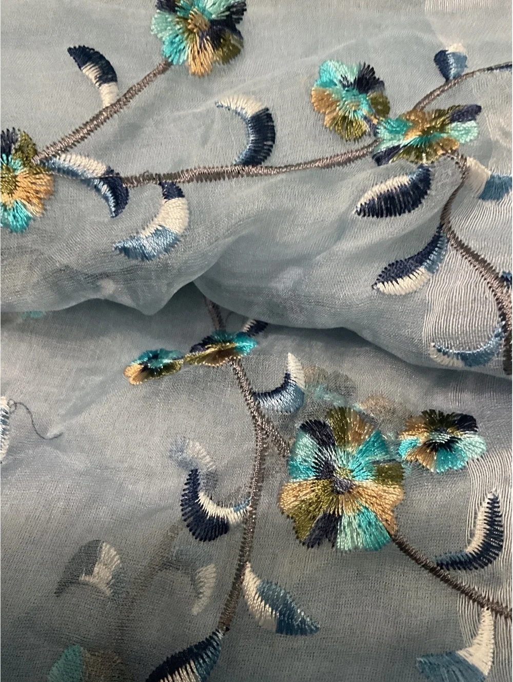 Light Blue to Navy Ombre Sheer Scarf/ Shawl with Floral Embroidery